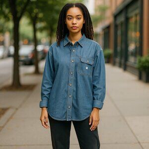 * FORENZA Long Sleeve Button Front Denim Shirt Ladies Large Metal Buttons